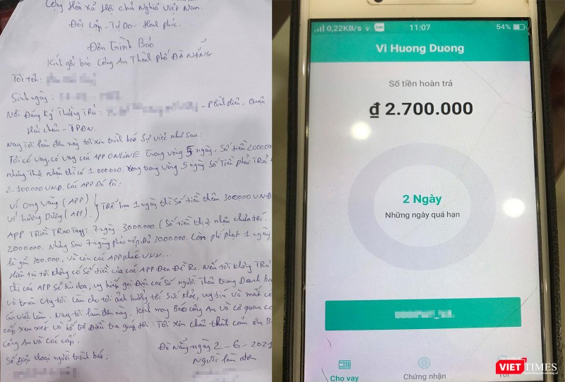 Đơn trình báo của nạn nhân và số tiền nợ phải trả thông báo qua app di động vay tiền online.