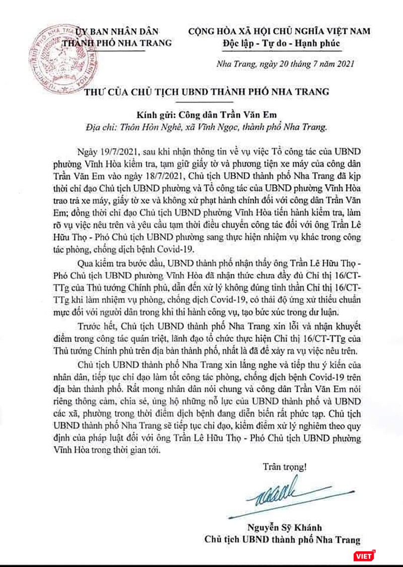 Thư xin lỗi công dân Trần Văn Em của ông Nguyễn Sỹ Khánh – Chủ tịch UBND TP Nha Trang