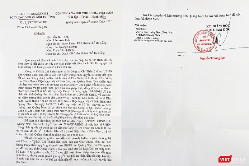 Văn bản trả lời các cá nhân liên quan đến vụ việc thu hồi 185 sổ đỏ được UBND tỉnh Quảng Nam cấp cho Công ty TNHH Chí Thành