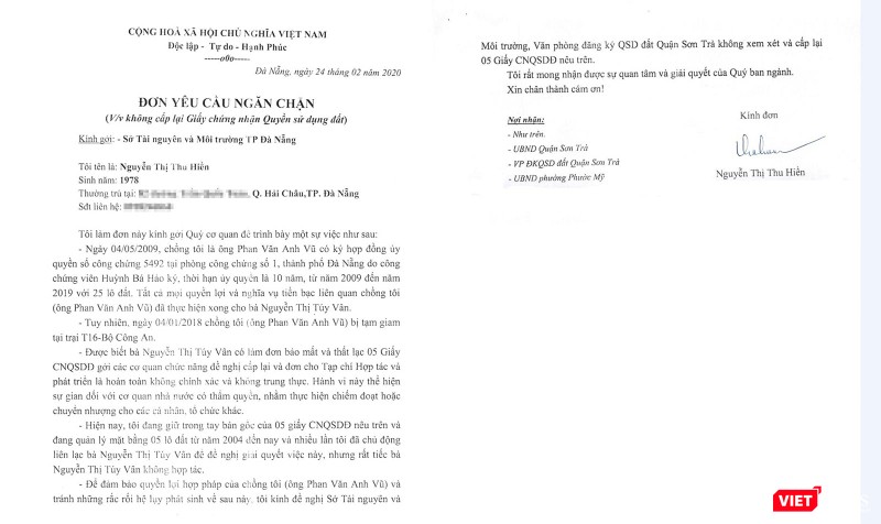 Đơn yêu cầu ngăn chặn của bà Nguyễn Thị Thu Hiền (vợ của ông Phan Văn Anh Vũ)