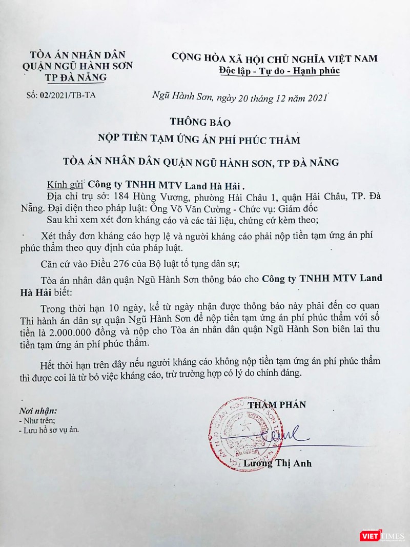 Thông báo nộp tiền tạm ứng án phí phúc thẩm của TAND quận Ngũ Hành Sơn đối với đơn kháng cáo của Land Hà Hải
