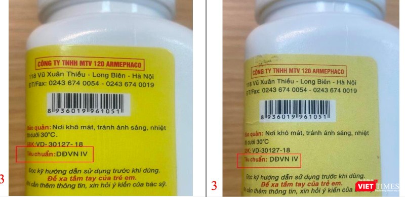 Thuốc Tetracyclin thật (bên trái) và giả. (Ảnh Cục Quản lý Dược)