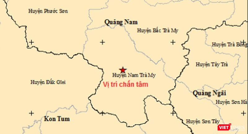 Vị trí xảy ra vụ động đất có độ lớn 3,0 độ richter, trên địa bàn huyện Nam Trà My, tỉnh Quảng Nam