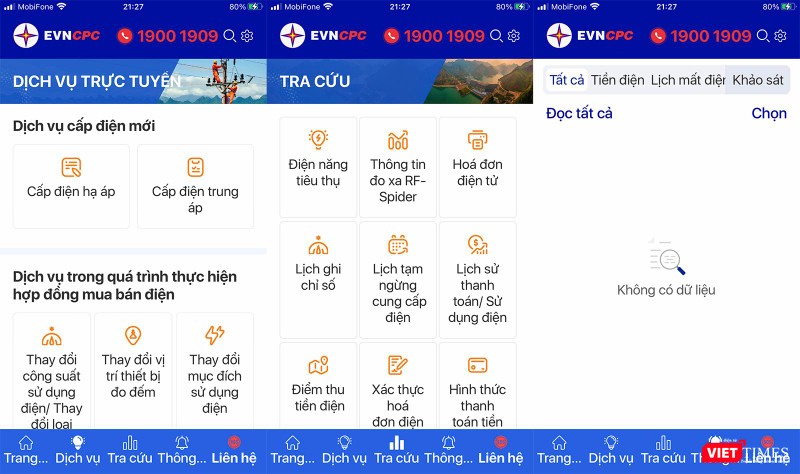 Các chức năng trên ứng dụng EVNCPC CSKH do Điện lực miền Trung cung cấp