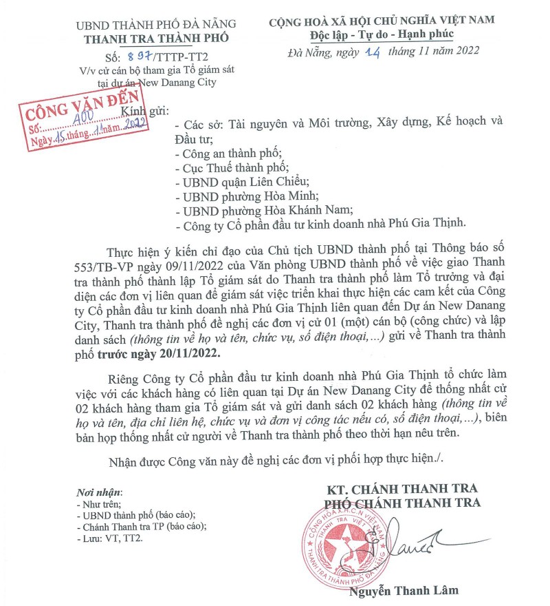 Văn bản thông báo của Thanh tra TP Đà Nẵng về việc cử cán bộ tham gia Tổ giám sát thực hiện dự án New Danang City do Công ty Phú Gia Thịnh làm chủ đầu tư