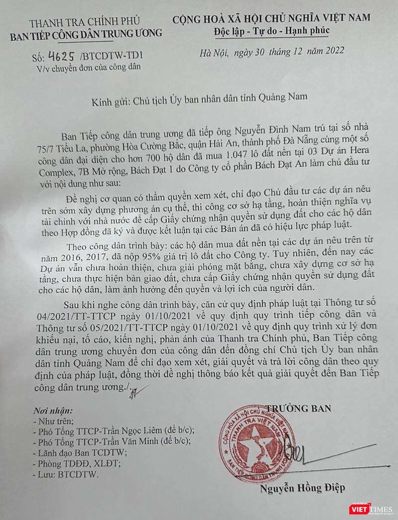 Văn bản chuyển đơn công dân đến Chủ tịch UBND tỉnh Quảng Nam của Ban Tiếp dân Trung ương, Thanh tra Chính phủ