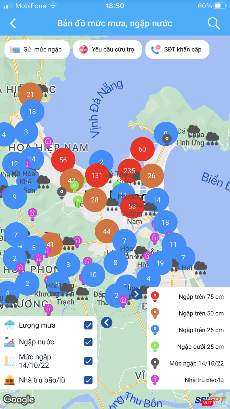 Bản đồ mưa, ngập nước với đầy đủ các thông tin về lượng mưa, khu vực ngập nước... được tích hợp trên ứng dụng di động Danang Smart City