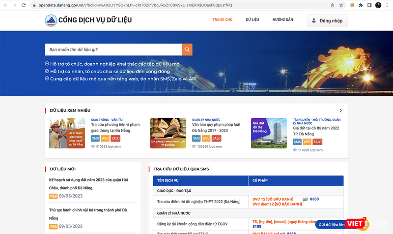 Giao diện Cổng dịch vụ dữ liệu TP Đà Nẵng