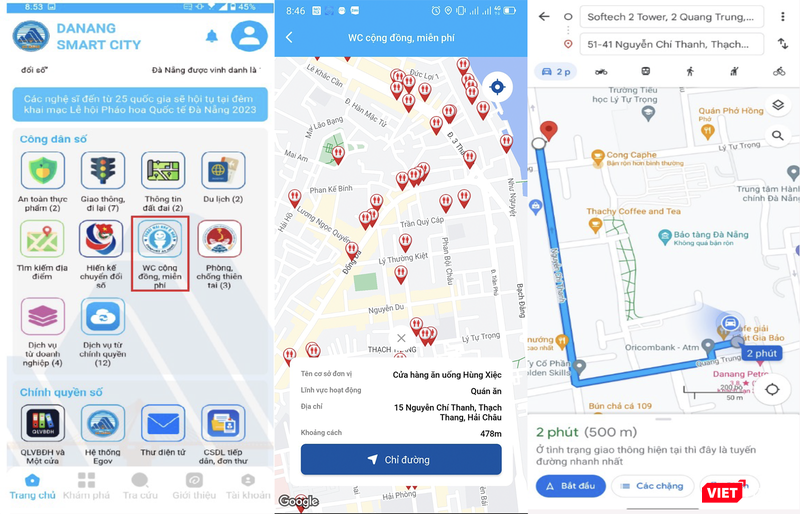 Giao diện hỗ trợ tìm kiếm nhà vệ sinh miễn phí lên app Danang Smart City