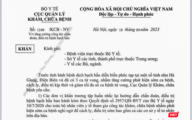 Văn bản chỉ đạo khẩn của Bộ Y tế trước tình trạng dịch bạch cầu diễn biến phức tạp tại 1 số tỉnh phía Bắc.