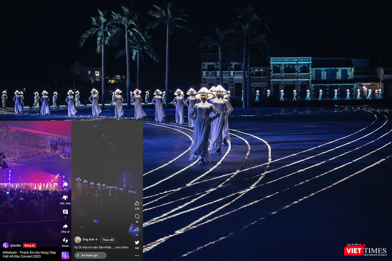 Hình ảnh những diễn viên mặc áo dài trắng, đầu đội nón đèn led bước ra với nhịp điệu bước đi, hai tay chắp phía sau lưng ở show diễn "Ký Ức Hội An" (ảnh lớn) và màn biên đạo tiết mục “Khúc da vàng” (ảnh nhỏ).