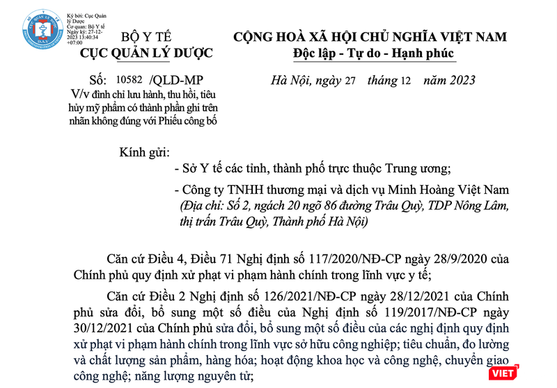 Quyết định đình chỉ lưu hành, thu hồi trên toàn quốc 16 sản phẩm mỹ phẩm do Công ty TNHH thương mại và dịch vụ Minh Hoàng Việt Nam đứng tên công bố và chịu trách nhiệm đưa ra thị trường