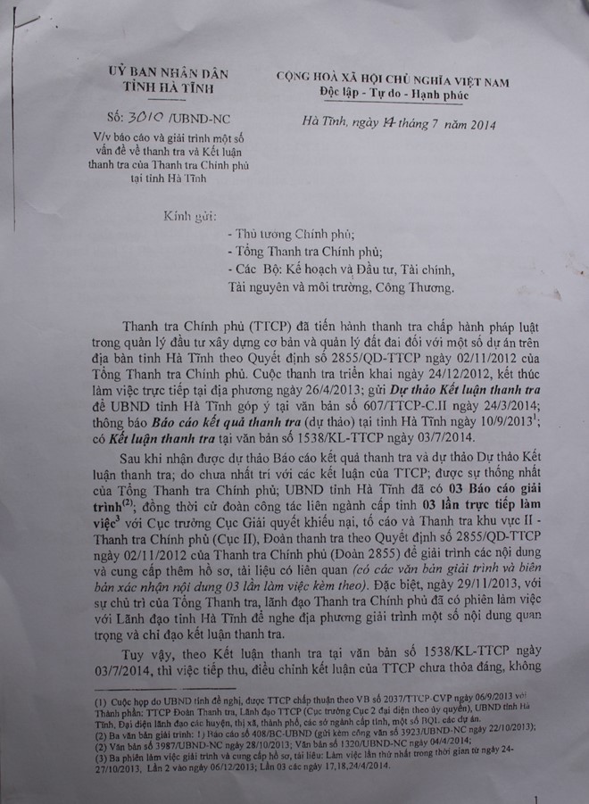 Báo cáo 3010 của tỉnh Hà Tĩnh