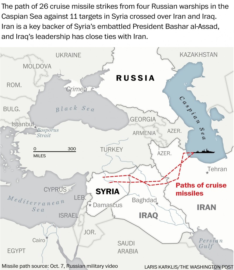 Sơ đồ đường bay của 26 tên lửa Kalibr Nga đánh các mục tiêu tại Syria
