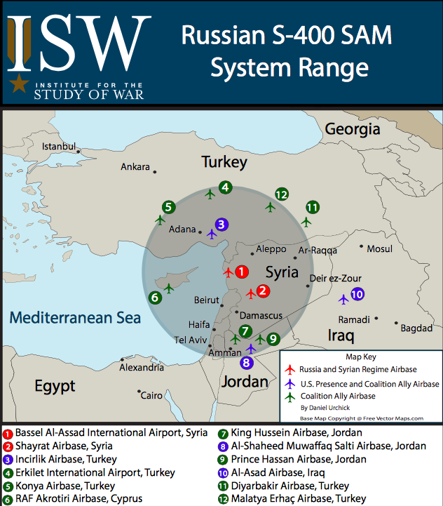 Hệ thống S-400 có khả năng khống chế hầu hết không phận Syria, nam Thổ Nhĩ Kỳ, bắc Jorrdan, một phần quan trọng Israel cũng như Lebanon và đảo Cyprus.