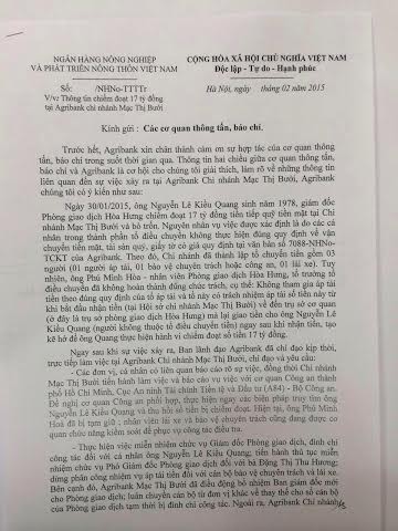 Agribank thông tin vụ nhân viên chiếm đoạt 17 tỷ đồng ảnh 1