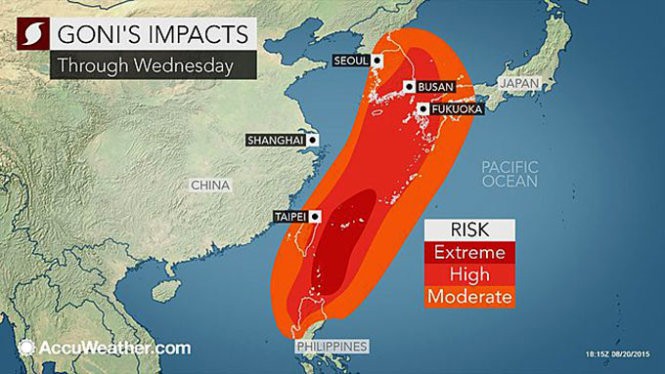 Bản đồ những nơi chịu tác động của siêu bão Goni - Ảnh: Accuweather