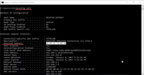 Gõ vào lệnh ipconfig /all trong cửa sổ dòng lệnh ở Windows để biết địa chỉ MAC.