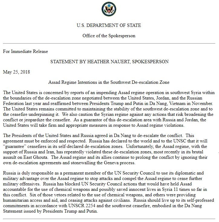 Cảnh báo của Bộ ngoại giao Mỹ, nhằm ngăn chặn cuộc tiến công của quân đội Syria trong địa phận tỉnh Daraa. Cảnh báo của Bộ ngoại giao Mỹ, nhằm ngăn chặn cuộc tiến công của quân đội Syria trong địa phận tỉnh Daraa.