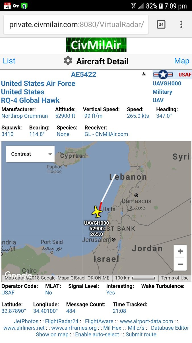 UAV RQ-4 trên vùng nước gần bờ biển Syria. Ảnh The Driver UAV RQ-4 trên vùng nước gần bờ biển Syria. Ảnh The Driver