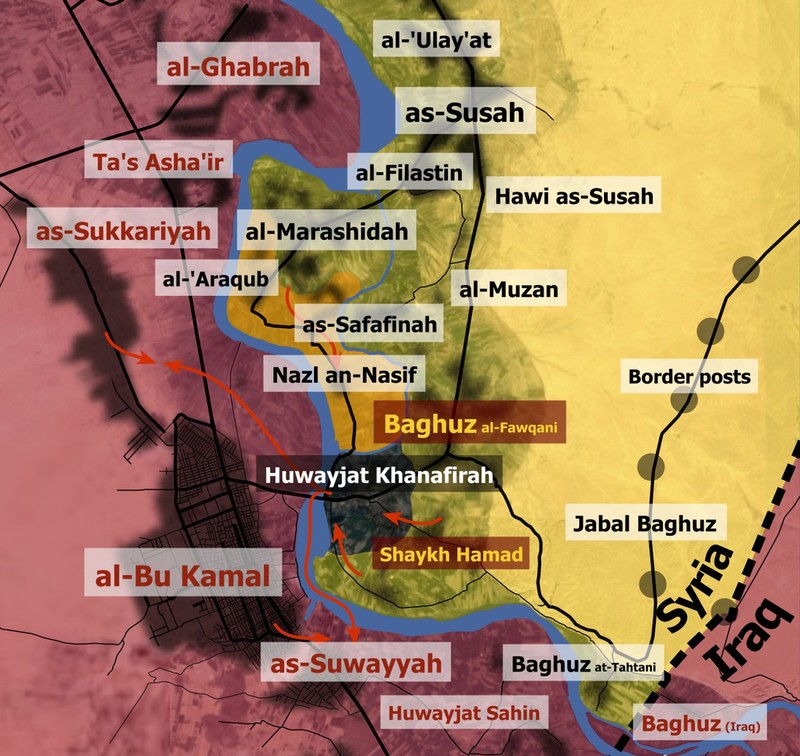 Bản đồ chiến sự tình Deir Ezzor, lực lượng SDF cố gằng tiêp diệt các tay súng khủng bố IS cuối cùng. Ảnh minh họa South Front