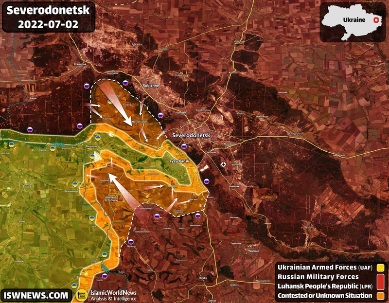 Quân đội Nga, dân quân Lugansk tiến hành 2 mũi tiến công vào thành phố Lysychansk. Ảnh ISW News.