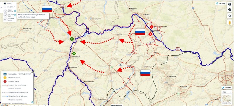 Hướng các mũi tiến công tiếp theo của quân đội Nga và 2 pháo đài phòng ngự của quân đội Ukraine Sloviansk và Kramatorsk (Ảnh: mil.in.ua)