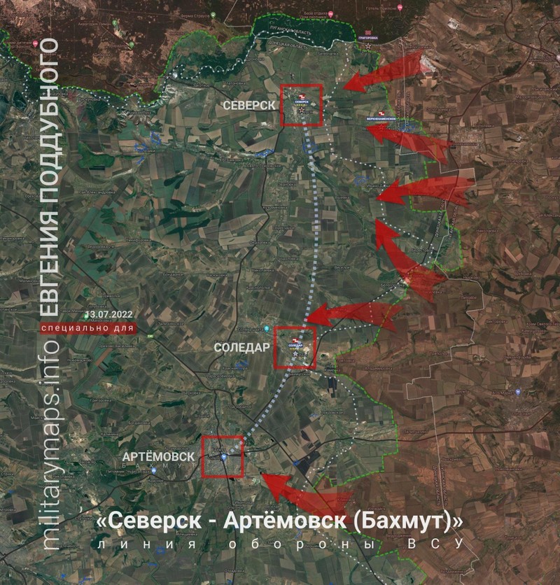 Các mũi tiến công của quân đội Nga, dân quân Donbass vào chiến tuyến Seversk - Soledar - Artemovsk (Bakhmut). Ảnh militarymaps.infor.