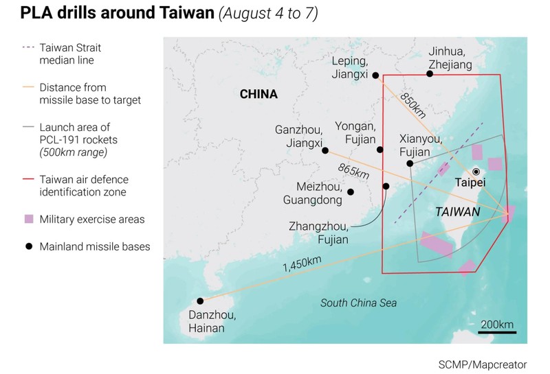 Các căn cứ pháo binh tên lửa trong cuộc diễn tập xung quanh đảo Đài Loan. Ảnh SCMP.