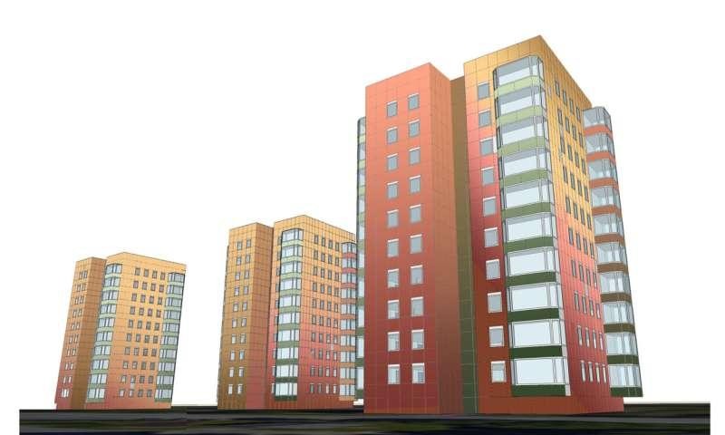 Đề xuất cải tạo chung cư cao tầng với các tấm quang điện màu ở mặt tiền. Ảnh: Changying Xiang
