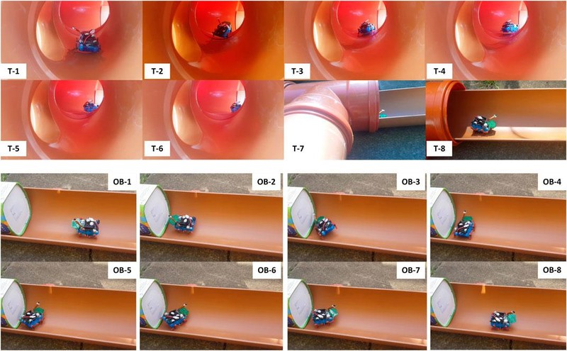 Joey di chuyển qua mạng lưới đường ống thử nghiệm. T-1 đến T-8: di chuyển qua ngã ba. OB-1 đến OB-8: gặp chướng ngại vật và quay lại. Ảnh: T.L.Nguyễn, A. Blight, A Pickering, A Barber, GH Jackson-Mills, J.H. Boyle, R Richardson, M Dogar, N Cohen. Frontiers in Robotics and AI. Joey di chuyển qua mạng lưới đường ống thử nghiệm. T-1 đến T-8: di chuyển qua ngã ba. OB-1 đến OB-8: gặp chướng ngại vật và quay lại. Ảnh: T.L.Nguyễn, A. Blight, A Pickering, A Barber, GH Jackson-Mills, J.H. Boyle, R Richardson, M Dogar, N Cohen. Frontiers in Robotics and AI.