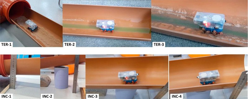 TER-1 đến TER-3: Joey di chuyển trên cát, nhớt trơn trượt và bùn. INC-1 đến INC-4: di chuyển qua các đường ống nghiêng một góc. Ảnh: T.L. Nguyễn, A Blight, A Pickering, A Barber, GH Jackson-Mills, JH Boyle, R Richardson, M Dogar, N Cohen. Frontiers in Robotics and AI. TER-1 đến TER-3: Joey di chuyển trên cát, nhớt trơn trượt và bùn. INC-1 đến INC-4: di chuyển qua các đường ống nghiêng một góc. Ảnh: T.L. Nguyễn, A Blight, A Pickering, A Barber, GH Jackson-Mills, JH Boyle, R Richardson, M Dogar, N Cohen. Frontiers in Robotics and AI.