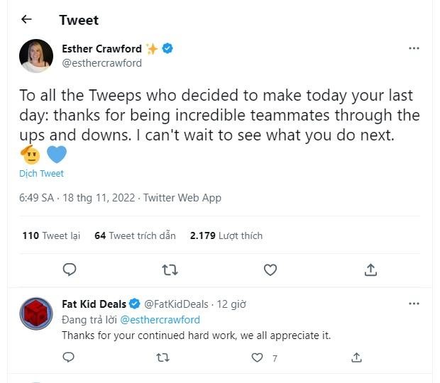 Tweet chia tay của kỹ sư Twitter với những người ra đi. Ảnh CNBC