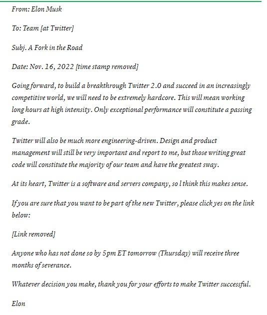 Tối hậu thư Elon Musk gửi tập thể nhân viên Twitter ngày 16/11. Ảnh CNBC.