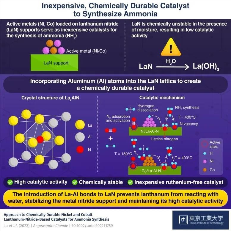 Infographic giải thích hoạt động của chất xúc tác niken và coban với chất hỗ trợ lanthanum nitride. Ảnh: Công nghệ Tokyo