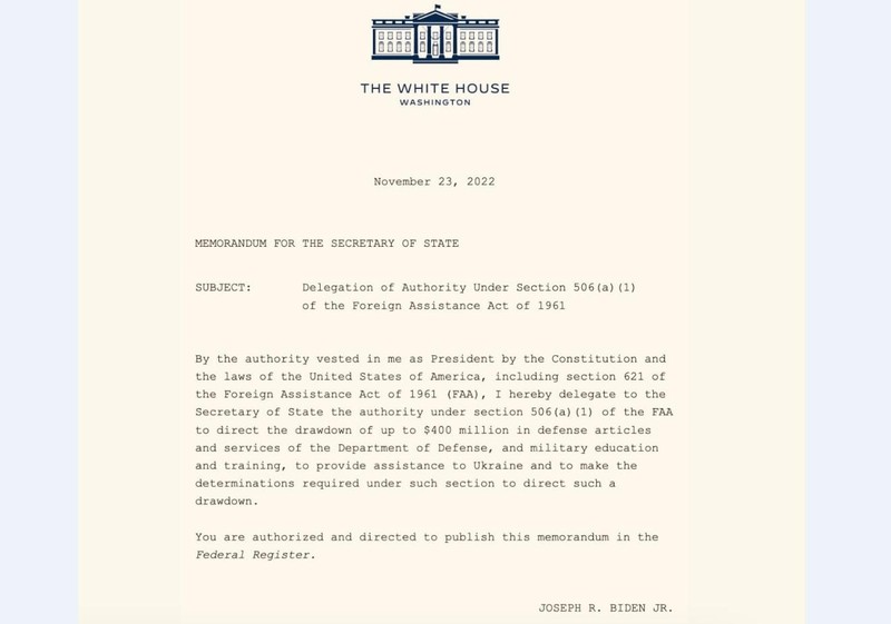 Chỉ thị của tổng thống Joe Biden về gói hỗ trợ quân sự 400 triệu USD. Ảnh Military Ukraine.