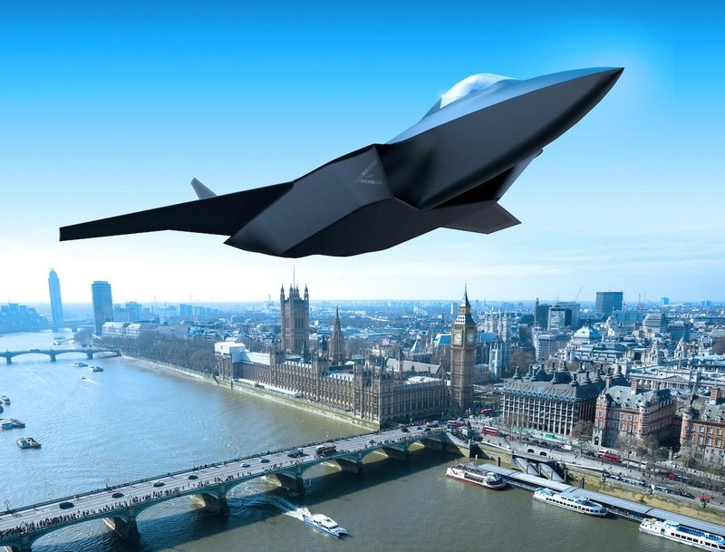 Đồ họa máy bay chiến đấu thế hệ 6 bay trên tòa nhà Quốc hội Anh. Ảnh E&amp;T