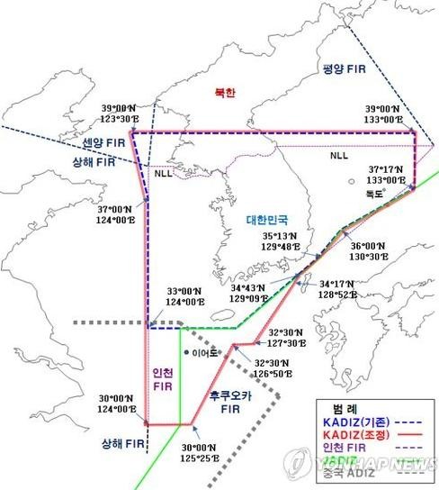 Vùng nhận dạng phòng không (ADIZ) Hàn Quốc và Trung Quốc chồng lấn lên nhau. Ảnh: Guancha