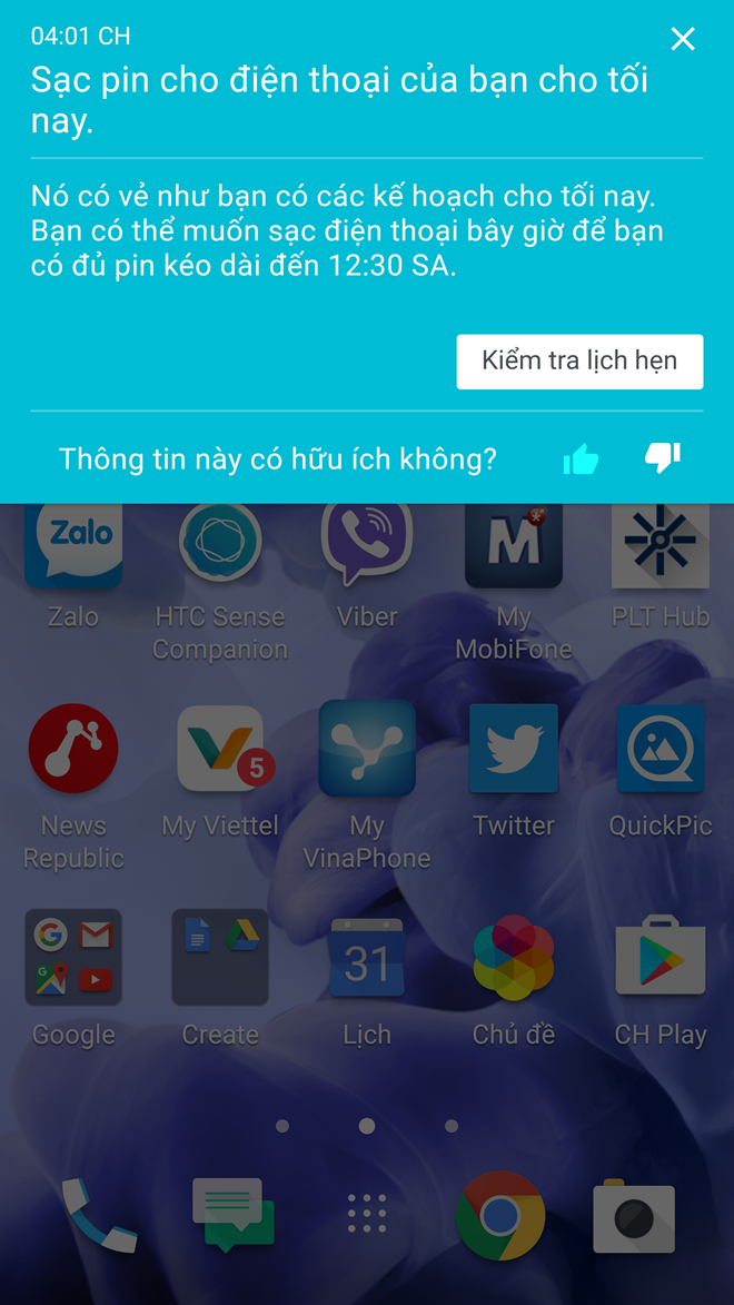 Lời nhắc sạc điện thoại trước khi có cuộc hẹn trễ vào buổi tối.