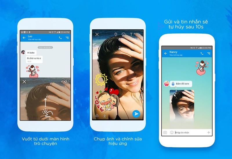 Nhiều công cụ hơn để liên lạc:Ngoài việc gửi hình ảnh, video, Zalo cũng đã cho phép người dùng trải nghiệm cảm giác livestream (phát trực tiếp) trong group chat. Ngoài ra, người dùng cũng có thể vuốt nhẹ từ dưới lên để có thể gửi tin nhắn bằng hình ảnh tự hủy sau khi người nhận đọc tin nhắn.