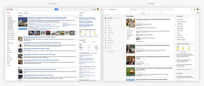 Giao diện Google News cũ (trái) và giao diện mới (phải)

