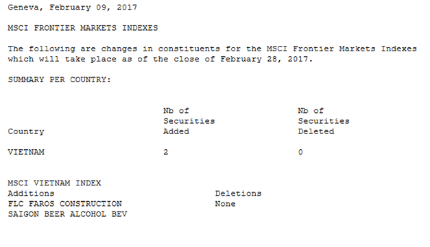 Cổ phiếu ROS, SAB lọt vào rổ tính MSCI Frontier Markets Index