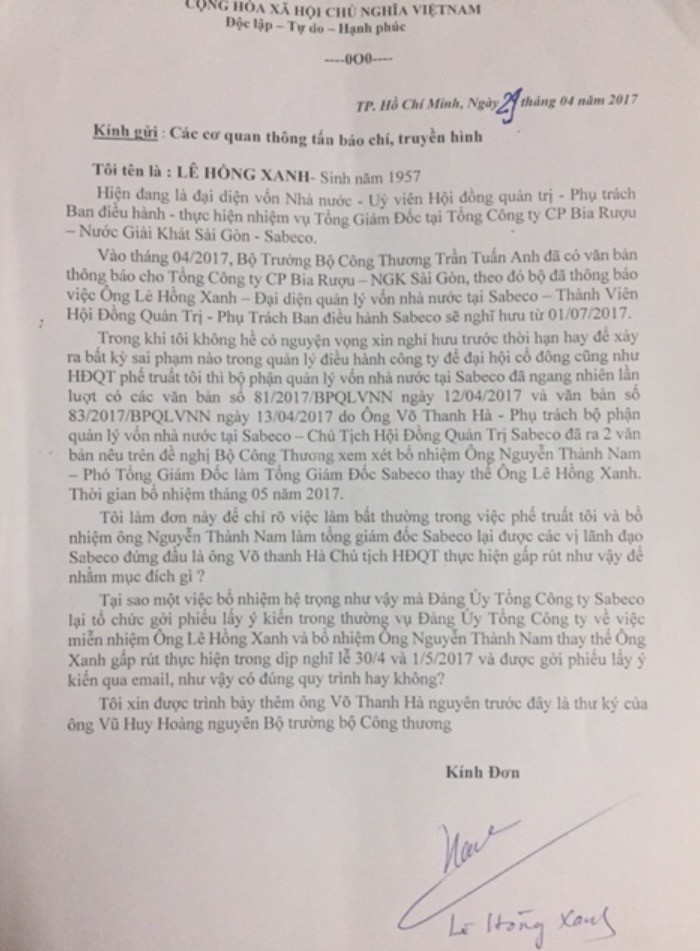 Lá đơn được cho là của ông Lê Hồng Xanh - người được giao Phụ trách Ban điều hành Sabeco trong 8 tháng qua