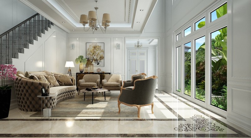 Phòng khách có cửa sổ nhìn ra vườn