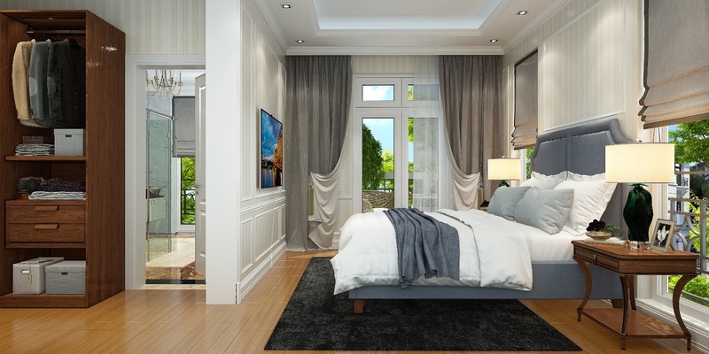 Phòng ngủ chính nằm trên tầng 2 của biệt thự.