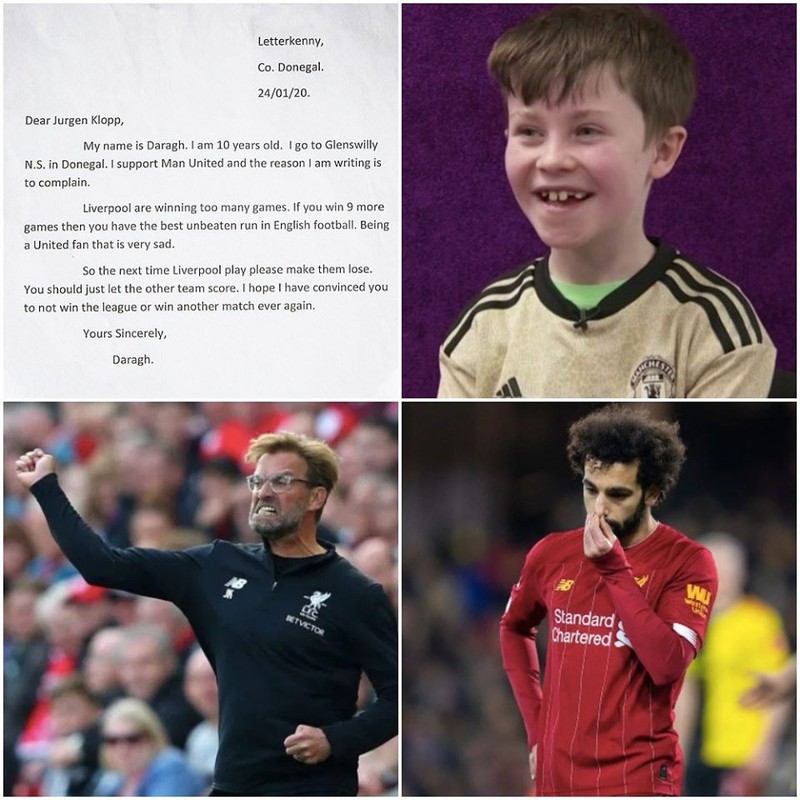 Khi Liverpool băng băng về đích và tưởng như không thể có đội bóng nào có thể ngăn nổi thì Klopp nhận được 1 bức thư của cậu bé Daragh gửi. Cậu bé 10 tuổi là fan ruột của MU mong muốn đội bóng của Klopp thua trận vì MU. Ảnh FA