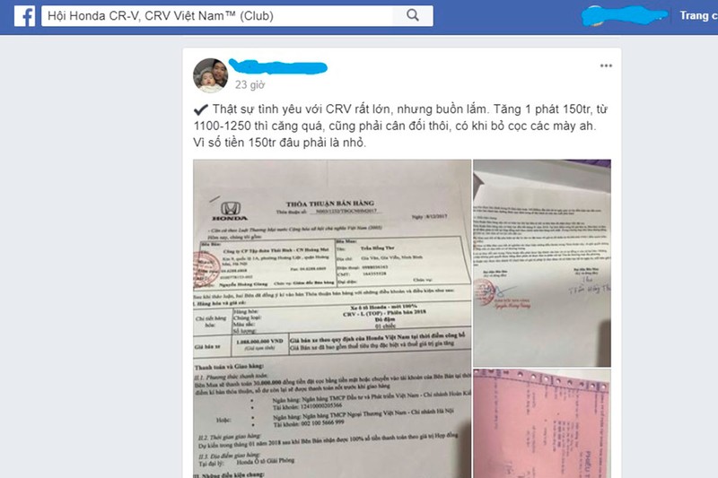 Một thành viên trên Hội nhóm Honda CR-V bày tỏ cảm xúc sau khi biết được giá bán chính thức của mẫu xe này