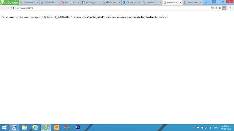 Trang web www.vita.vn của Hiệp hội Du lịch Việt Nam hoàn toàn không truy cập được. Ảnh chụp màn hình lúc 16h30 ngày 26/3/2018