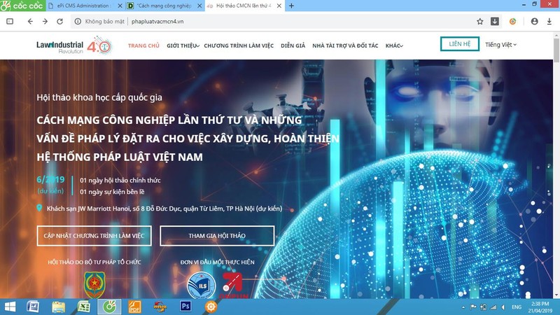 Webiste tiếng Việt của hội thảo Cách mạng công nghiệp lần thứ tư và những vấn đề pháp lý đặt ra cho việc xây dựng hoàn thiện hệ thống pháp luật Việt Nam. Ảnh chụp màn hành