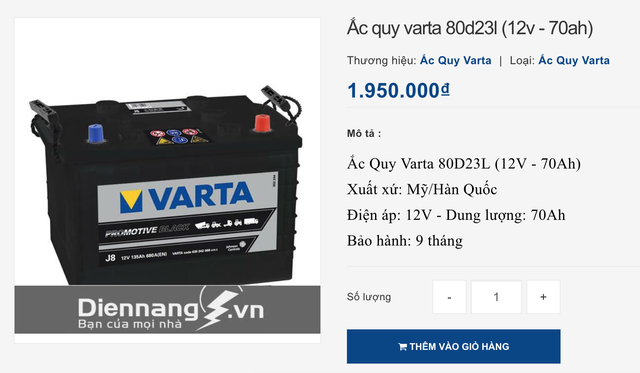 Ắc-quy Varta loại dung lượng 70 Ah trang bị cho các mẫu crossover Peugeot 3008 và 5008 mà các sổ bảo dưỡng điện tử của Peugeot Việt Nam cung cấp